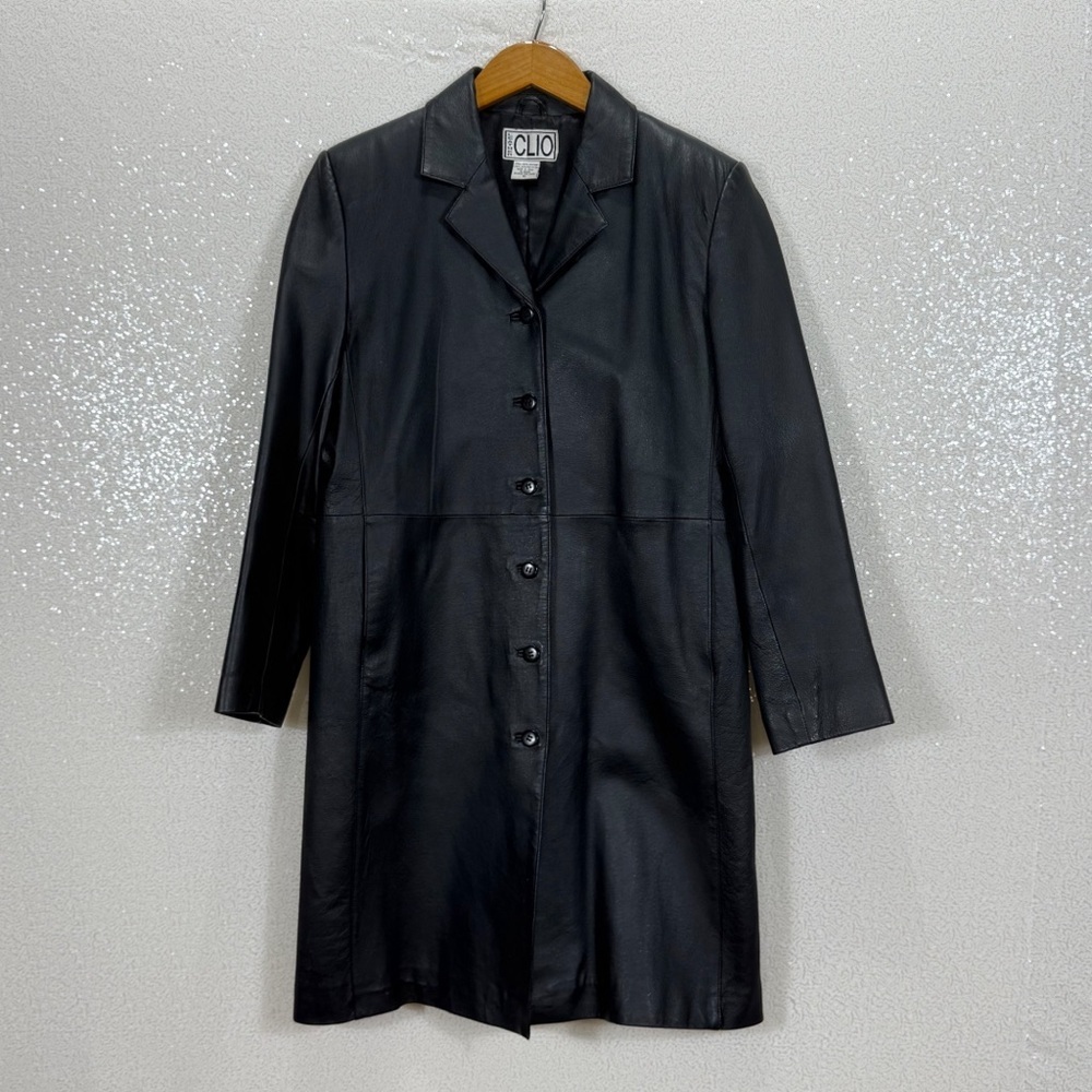 CLIO Black Genuine Leather Long Coat Jacket Women’s Size 10 Button Front Vintage